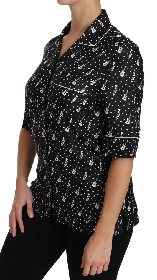 Dolce & Gabbana Camicia in seta nera con stampa chitarra e tromba