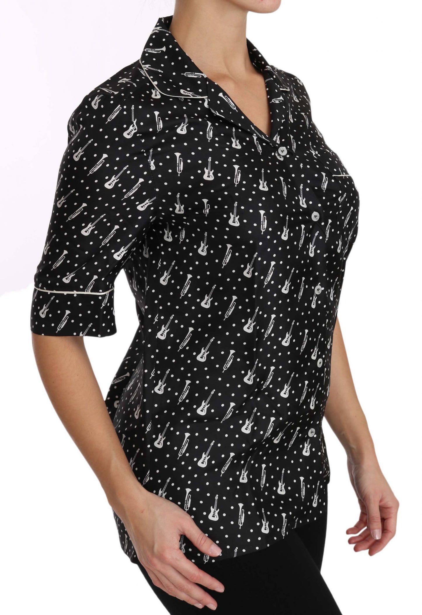 Dolce & Gabbana Camicia in seta nera con stampa chitarra e tromba