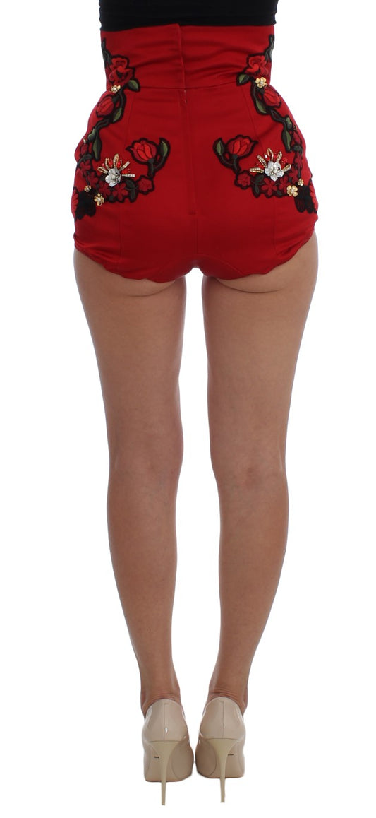 Shorts in seta rossa con rose di cristallo Dolce & Gabbana