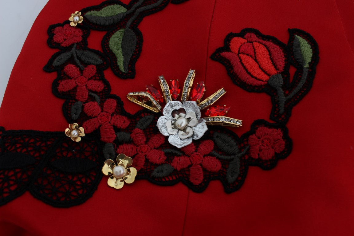 Shorts in seta rossa con rose di cristallo Dolce & Gabbana
