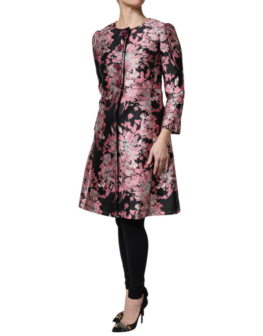 Giacca trench in broccato floreale rosa e nero Dolce & Gabbana