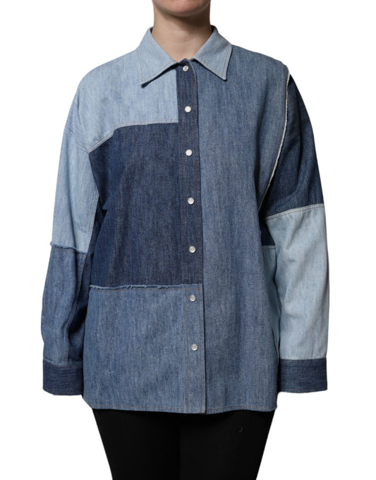 Dolce & Gabbana Maglia a maniche lunghe con colletto abbottonato in cotone blu