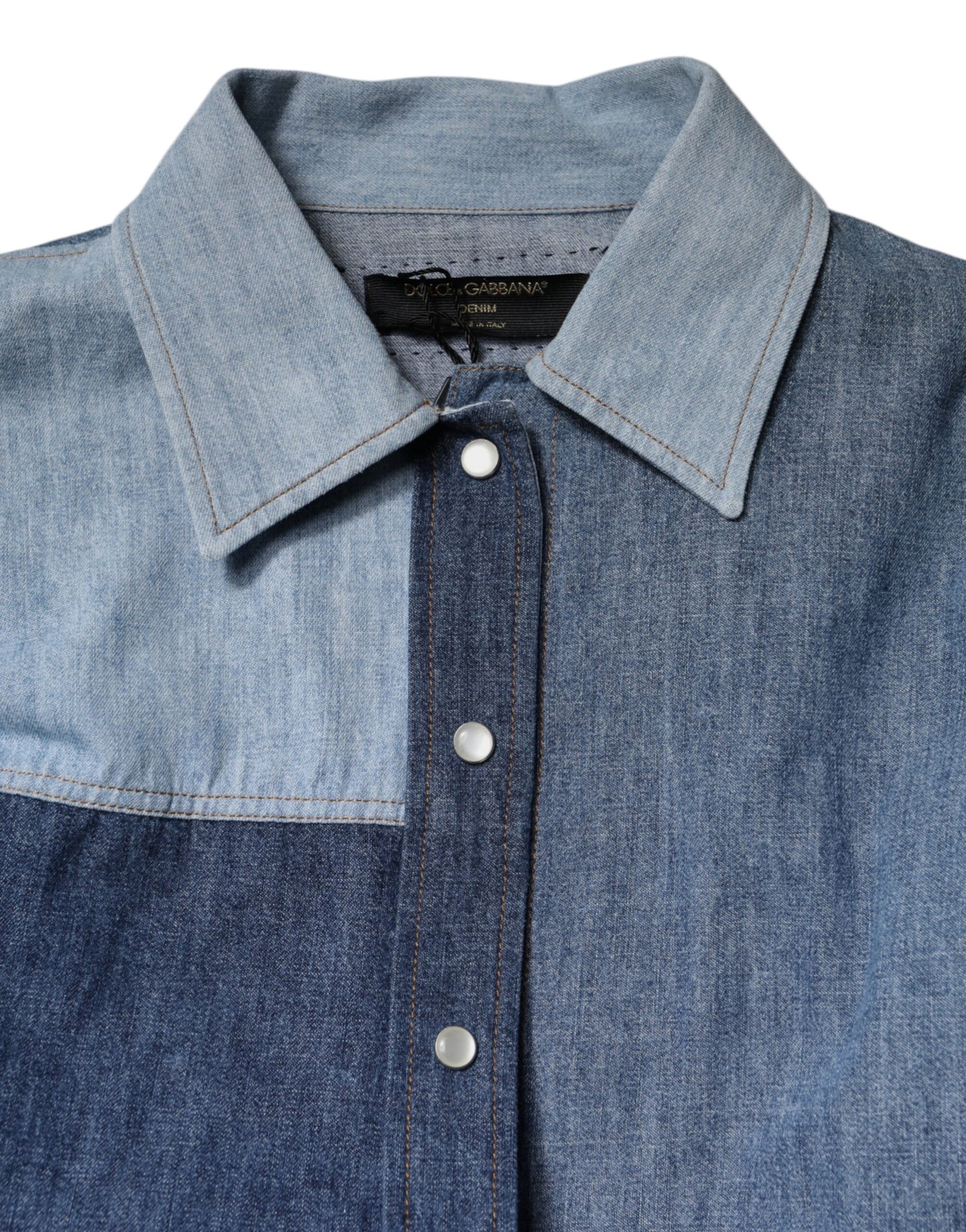 Dolce & Gabbana Maglia a maniche lunghe con colletto abbottonato in cotone blu