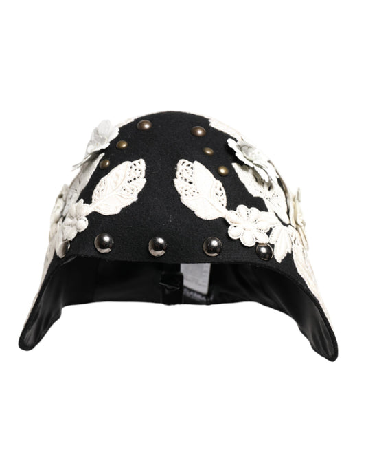 Cappello a cloche Dolce & Gabbana in lana nera, bianco e floreale con foglie dorate