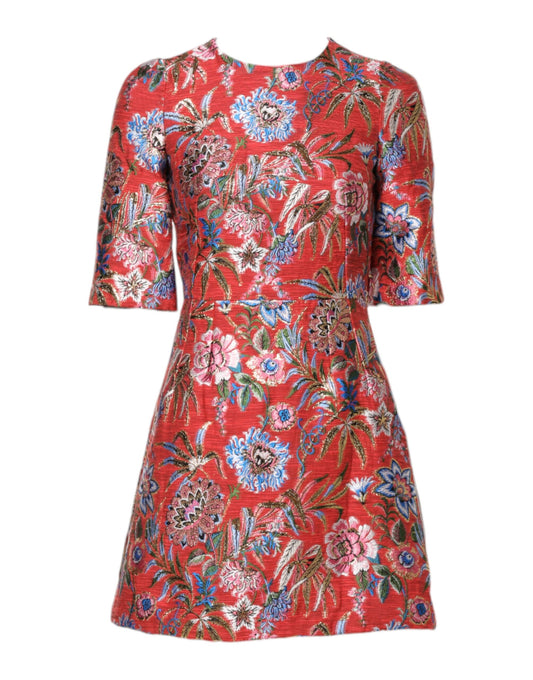 Mini abito a trapezio in jacquard floreale rosso Dolce & Gabbana