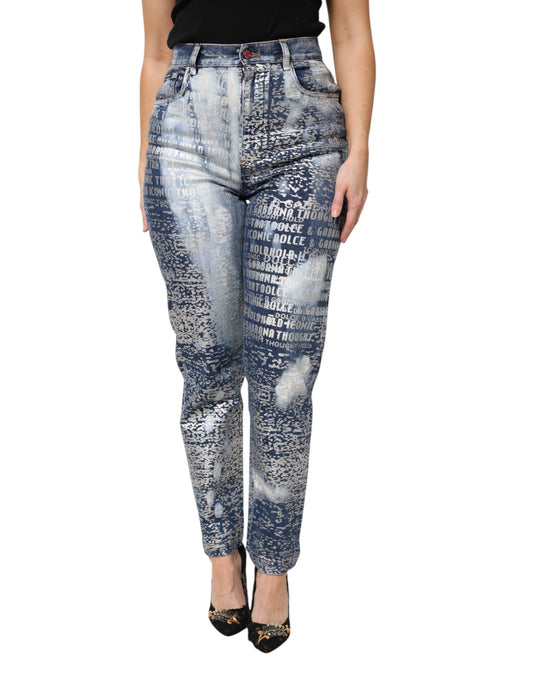 Jeans in denim a vita alta con stampa blu lavata Dolce & Gabbana