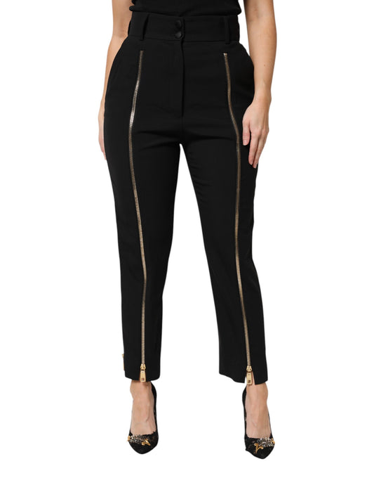 Pantaloni affusolati con cerniera a vita alta in lana nera Dolce & Gabbana