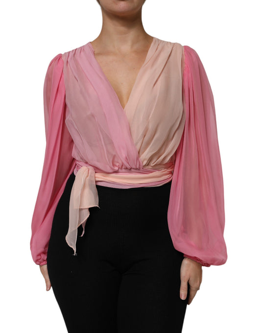 Dolce & Gabbana Top blusa rosa con scollo a V profondo e maniche lunghe
