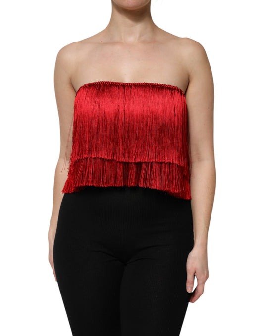 Dolce & Gabbana Top corto a tubino con frange e spalline in seta rossa