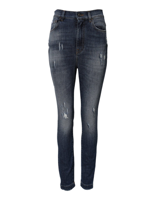 Jeans a vita alta in denim di cotone lavato blu Dolce & Gabbana