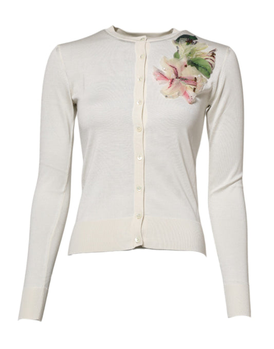 Dolce & Gabbana Maglione Cardigan Bianco in Seta con Giglio Decorato