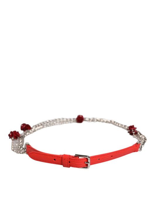 Cintura Dolce & Gabbana in pelle rossa con catena argentata e motivo floreale
