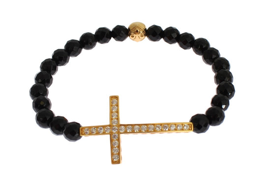Bracciale in argento 925 con croce in pietra di agata Nialaya e zirconi cubici dorati