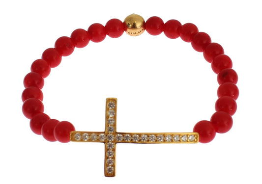 Bracciale Nialaya in corallo rosso, oro e zirconi cubici con croce in argento 925