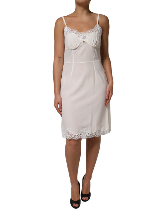 Dolce & Gabbana Abito da notte in seta con logo DG dorato e pizzo bianco