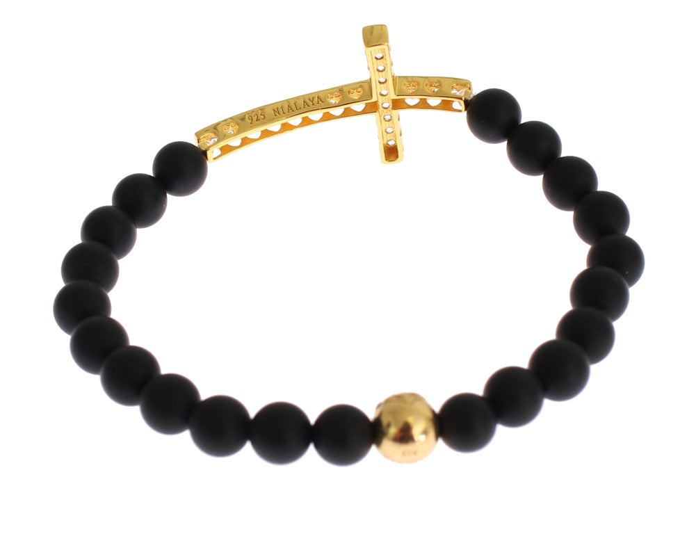 Bracciale in argento 925 con croce in pietra di onice opaca Nialaya e zirconi cubici dorati