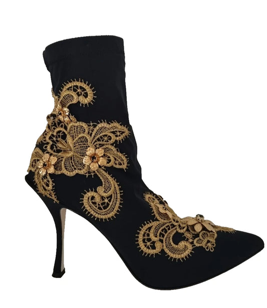 Dolce & Gabbana Stivali con ricami in oro nero e cristalli