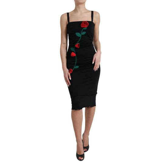 Abito senza maniche in lana nera con applicazione di rose Dolce & Gabbana