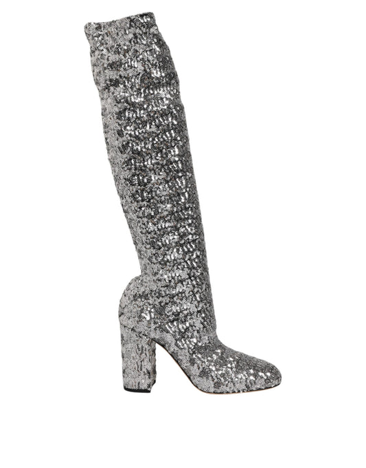 Scarpe Dolce & Gabbana con paillettes argento e glitter, stivali con tacco alto
