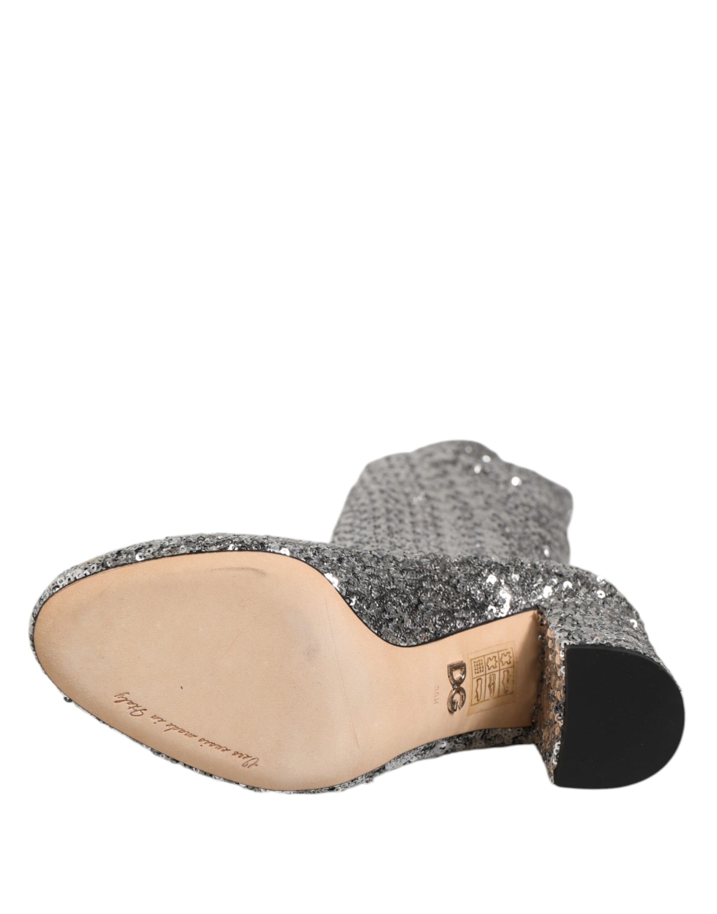 Scarpe Dolce & Gabbana con paillettes argento e glitter, stivali con tacco alto