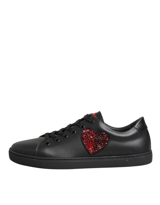Dolce & Gabbana Scarpe da ginnastica basse in pelle nera con cuore di cristallo