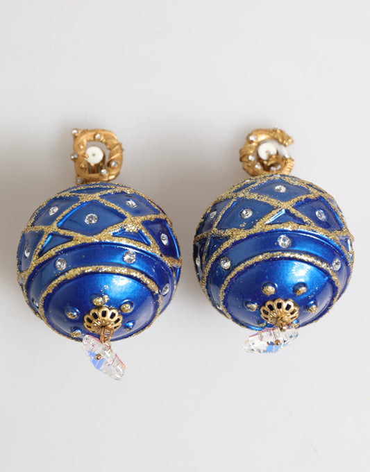 Orecchini a clip con goccia di cristallo e pallina di Natale blu in ottone dorato Dolce & Gabbana