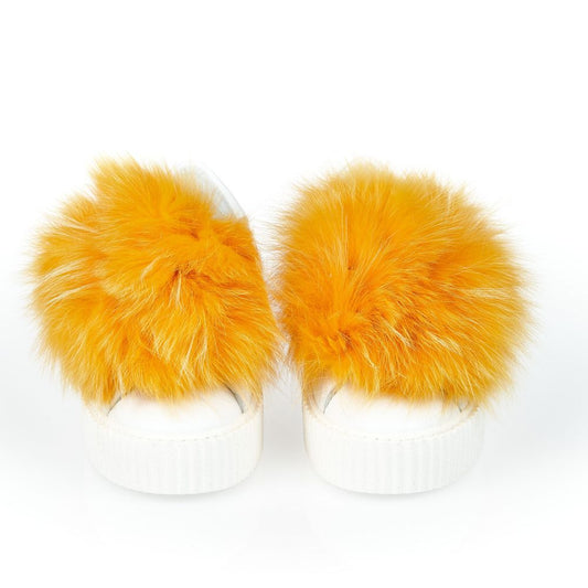 Mr&Mrs Italy Sneaker da donna in tessuto bianco con pompon in vera pelliccia