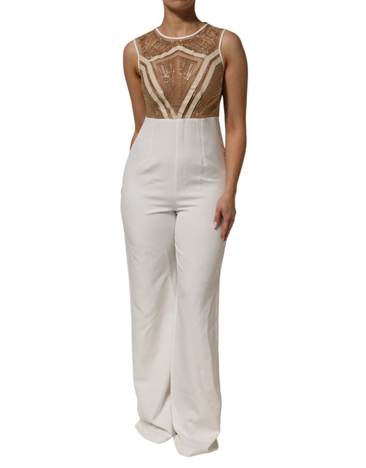 Tuta senza maniche in rete beige bianco con cristalli Mangano