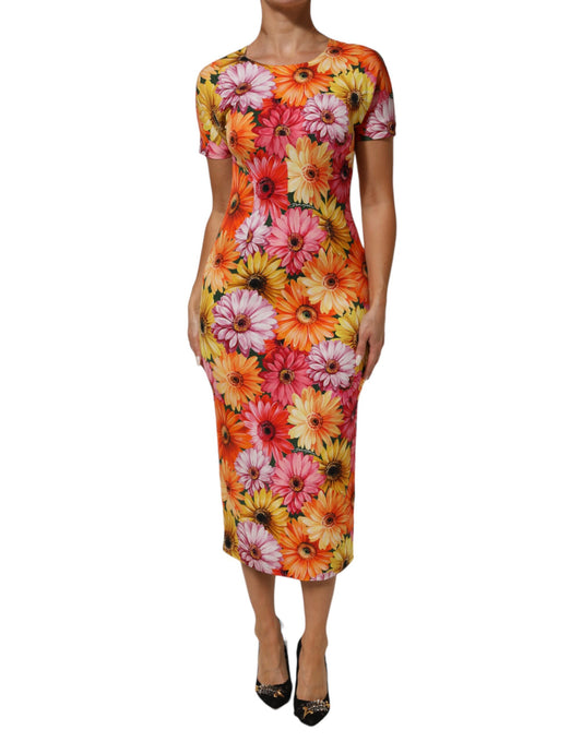 Dolce & Gabbana Abito midi in seta con stampa floreale multicolore
