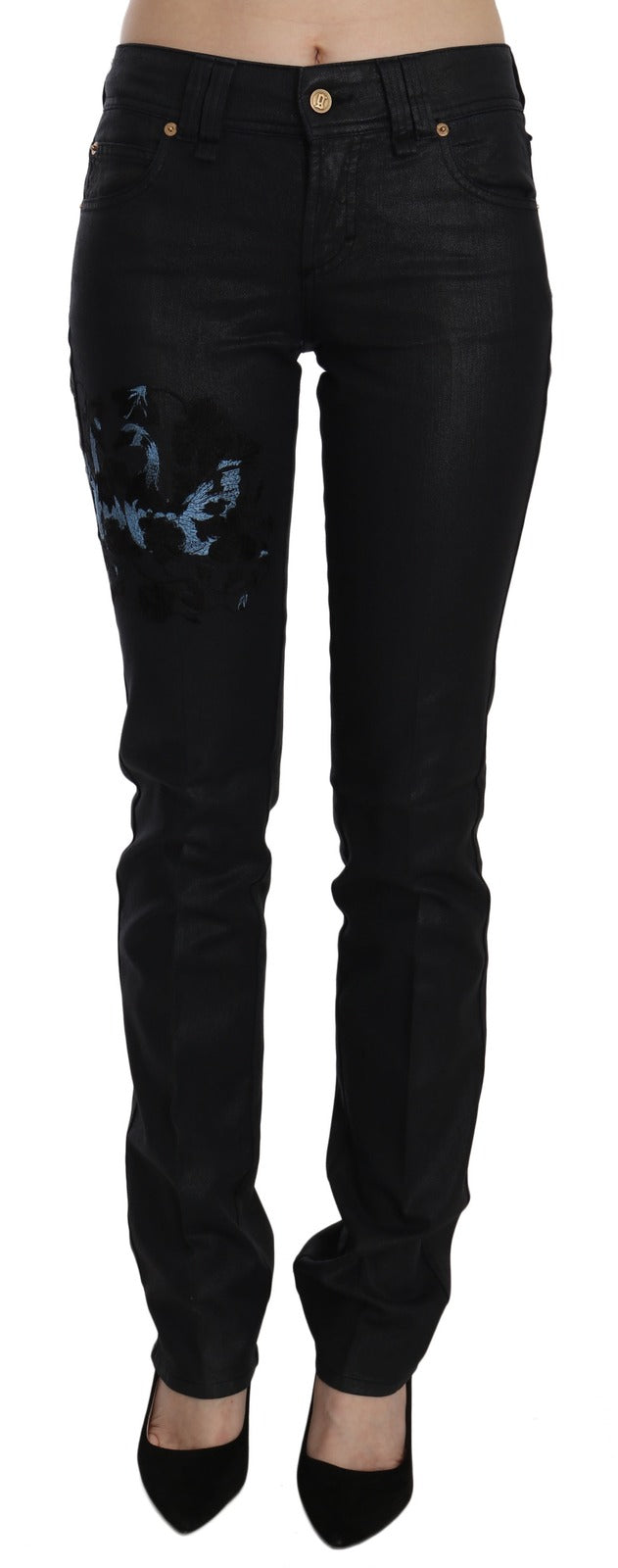 Jeans skinny a vita media con ricamo floreale Black Swan di John Galliano
