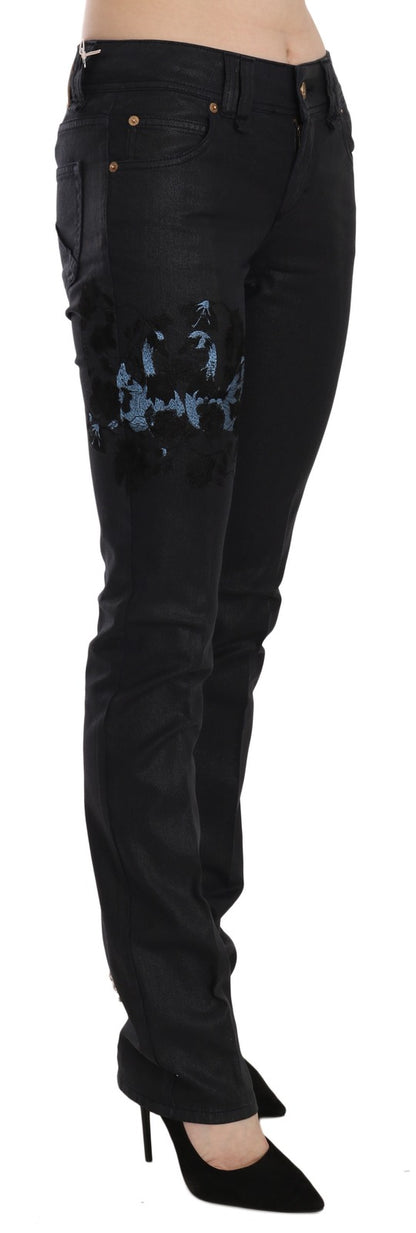 Jeans skinny a vita media con ricamo floreale Black Swan di John Galliano