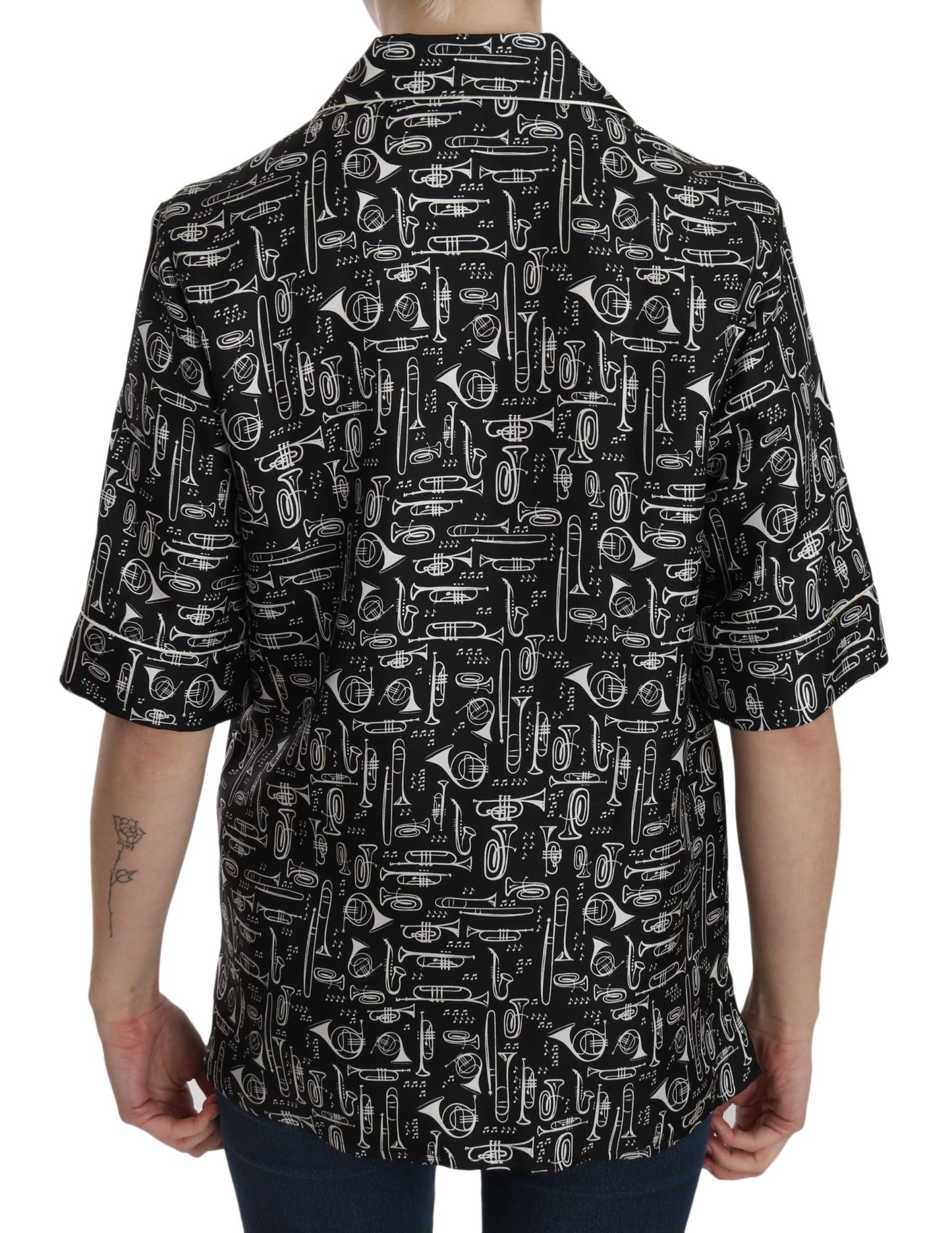 Dolce &amp; Gabbana Top in seta nera con stampa di strumenti musicali