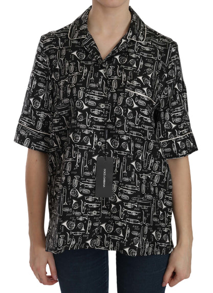 Dolce &amp; Gabbana Top in seta nera con stampa di strumenti musicali