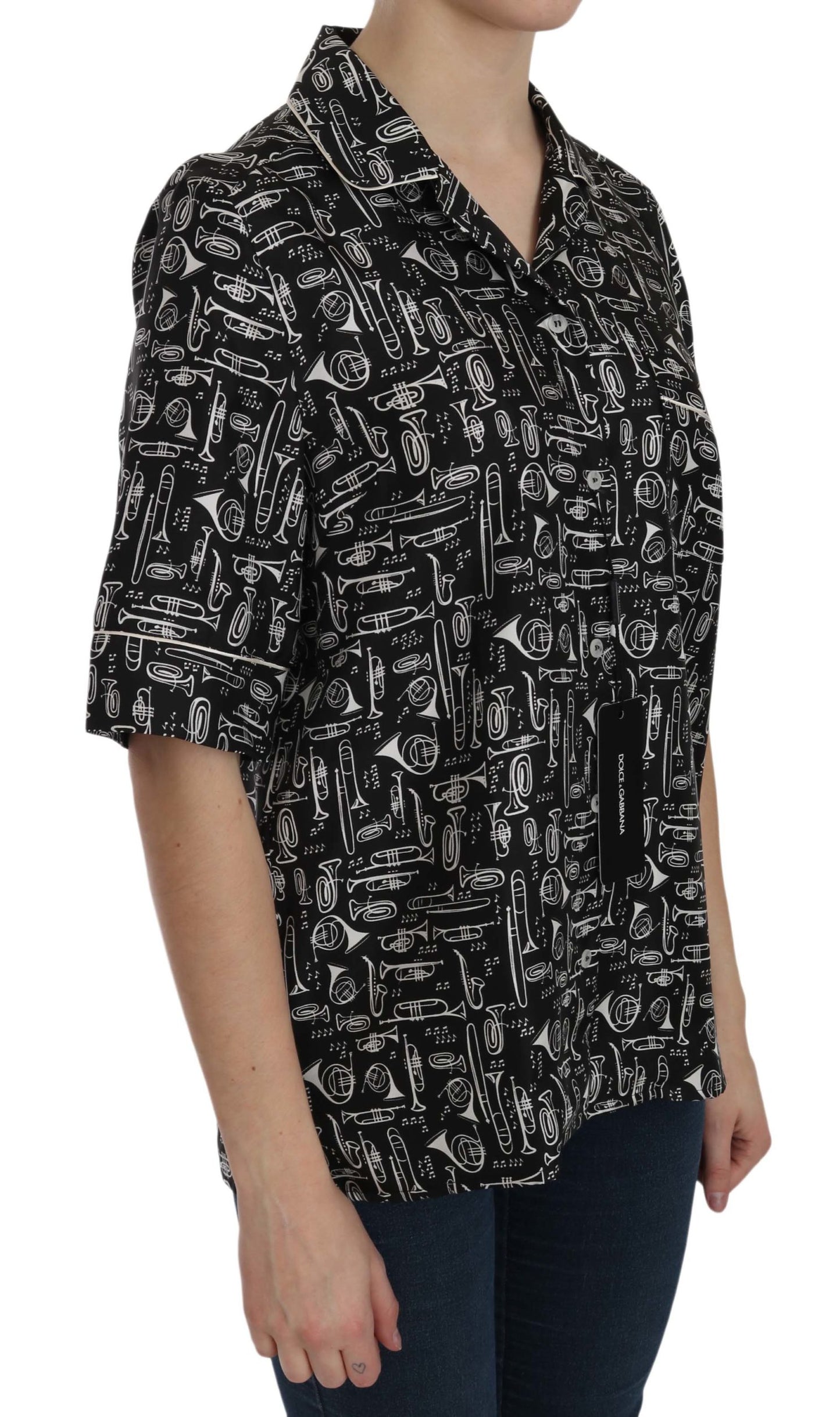 Dolce &amp; Gabbana Top in seta nera con stampa di strumenti musicali