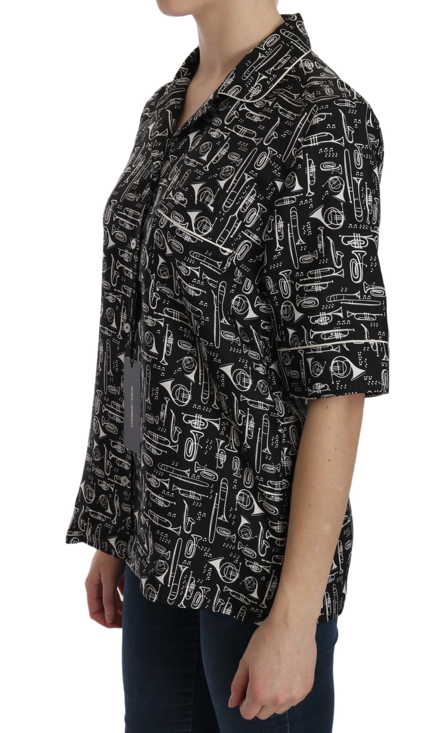 Dolce &amp; Gabbana Top in seta nera con stampa di strumenti musicali