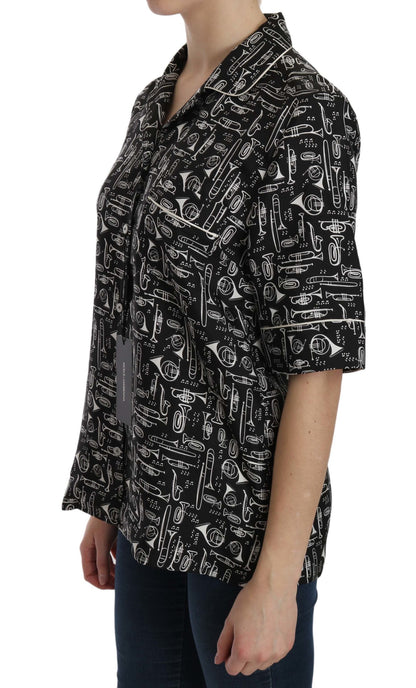 Dolce &amp; Gabbana Top in seta nera con stampa di strumenti musicali