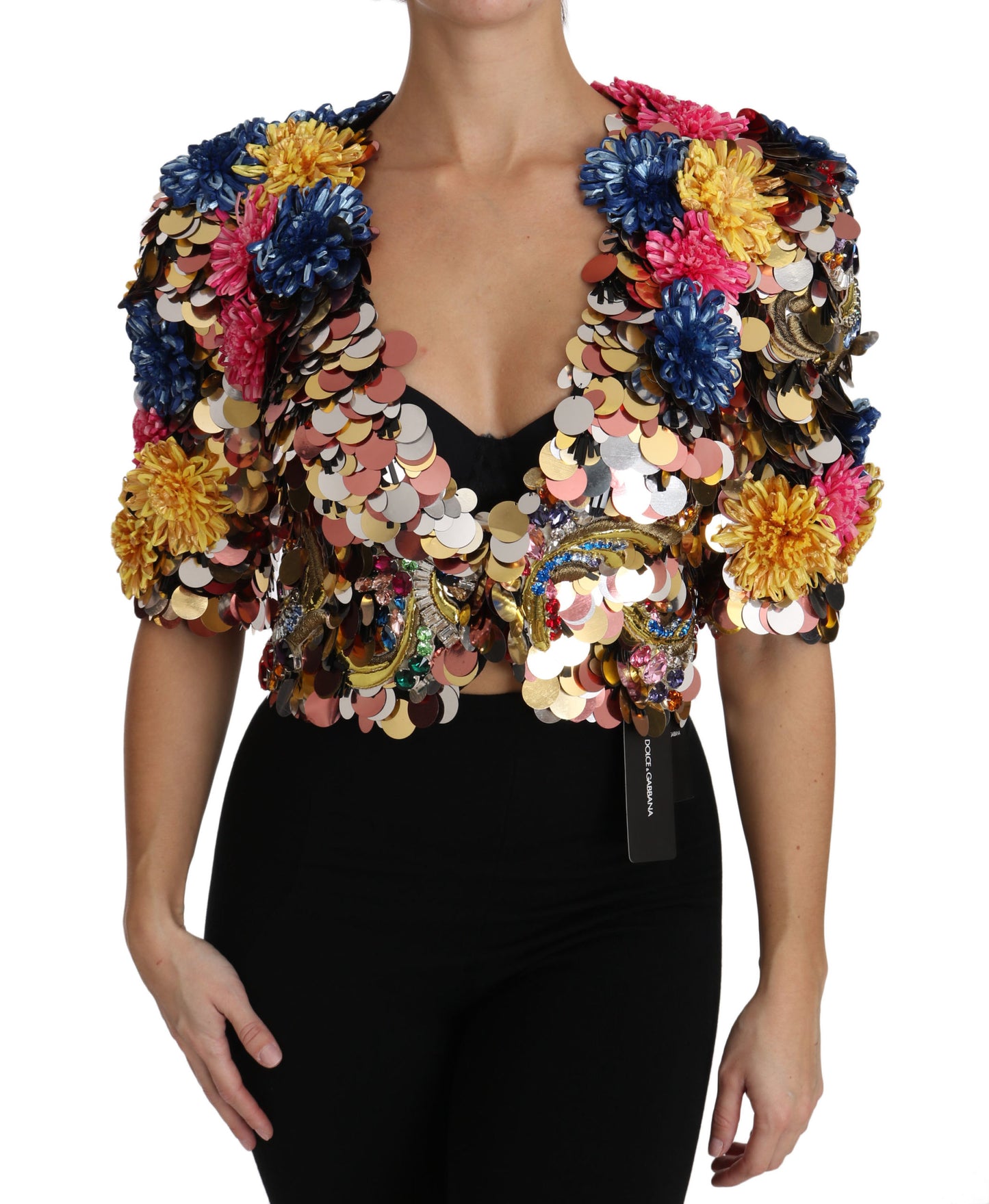 Giacca-cappotto floreale con paillettes di cristallo Dolce &amp; Gabbana