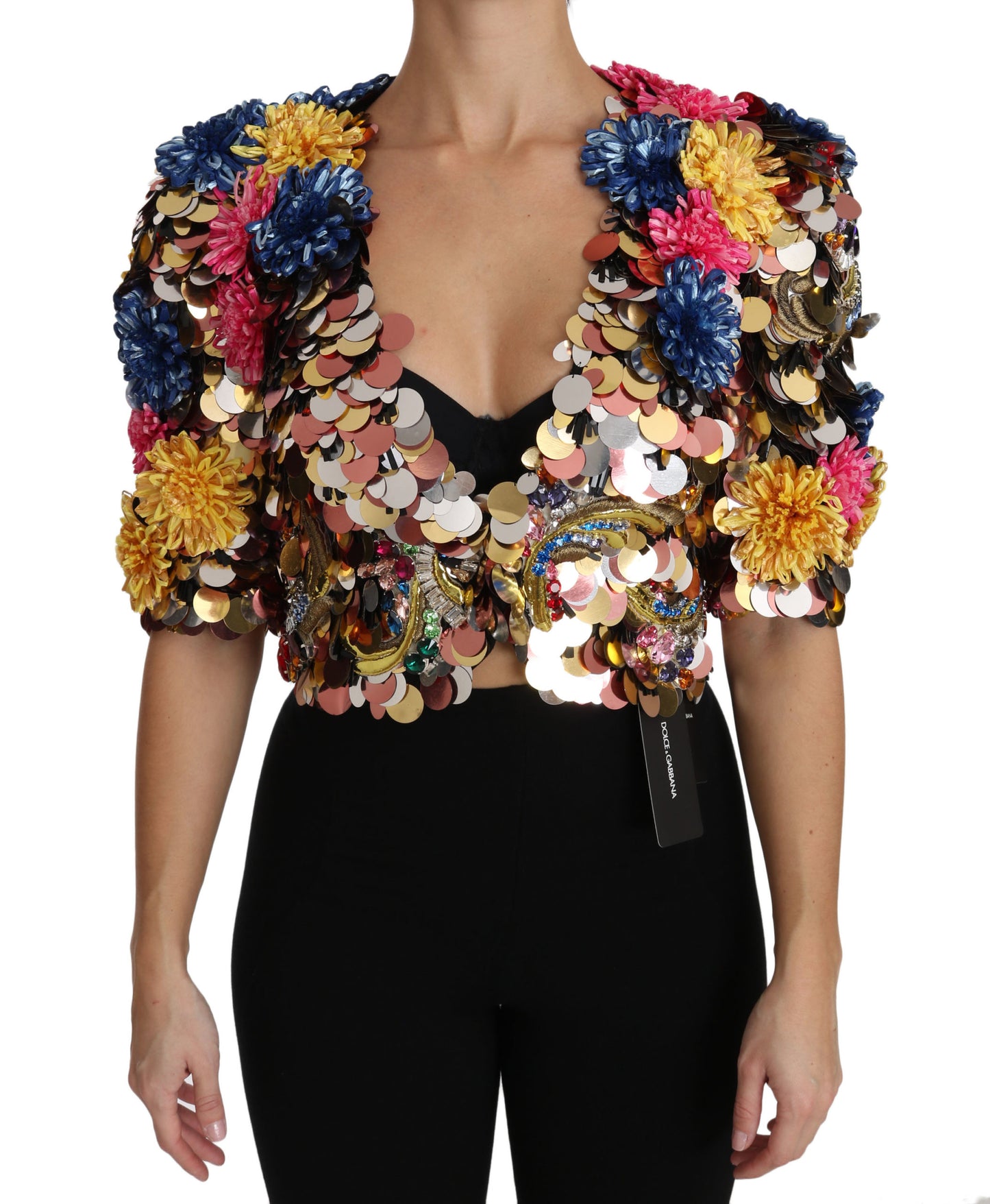 Giacca-cappotto floreale con paillettes di cristallo Dolce &amp; Gabbana