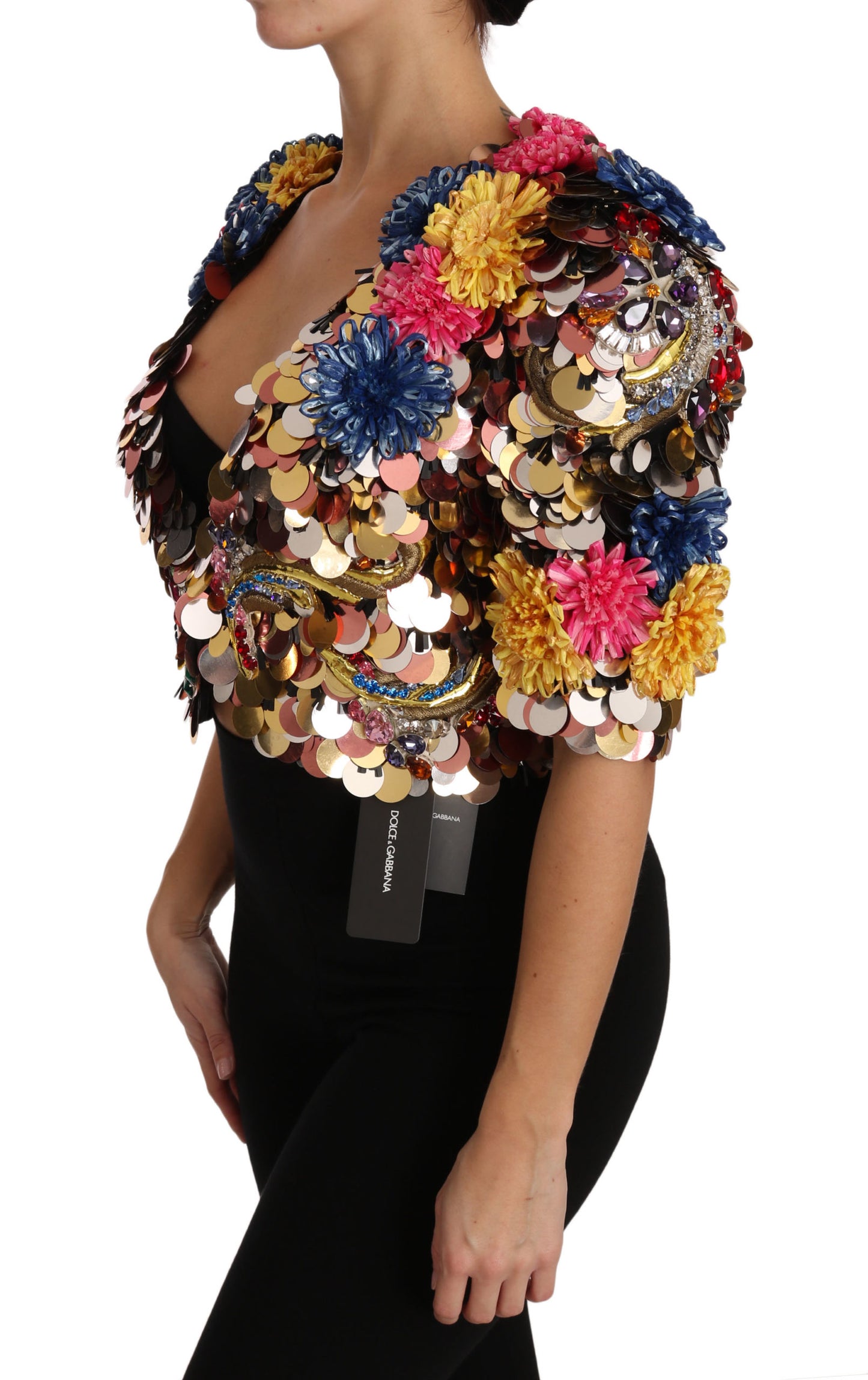 Giacca-cappotto floreale con paillettes di cristallo Dolce &amp; Gabbana