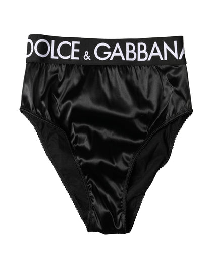Slip a vita alta in raso nero Dolce &amp; Gabbana con logo, intimo da donna