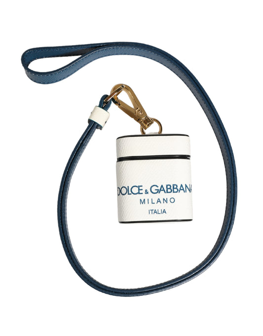 Custodia per Airpods con cinturino a flip in pelle di vitello bianca con logo Dolce & Gabbana