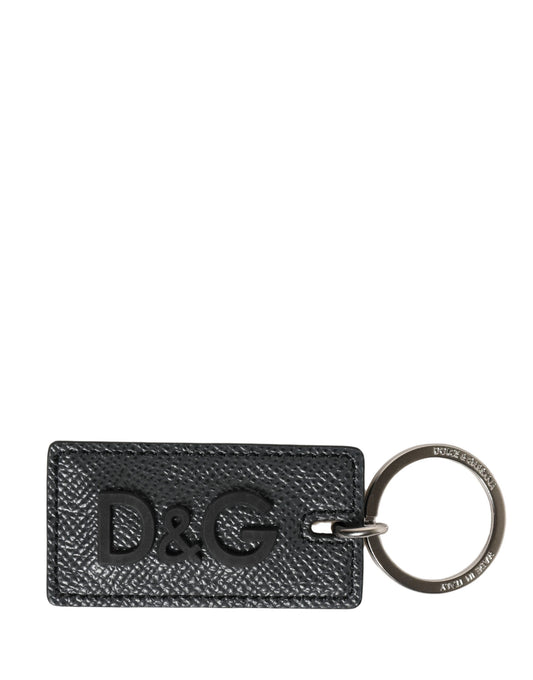 Portachiavi con anello in metallo con logo D&amp;G in pelle di vitello nera Dolce &amp; Gabbana