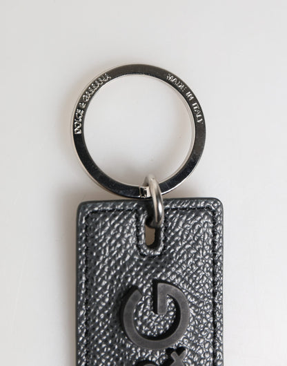 Portachiavi con anello in metallo con logo D&amp;G in pelle di vitello nera Dolce &amp; Gabbana