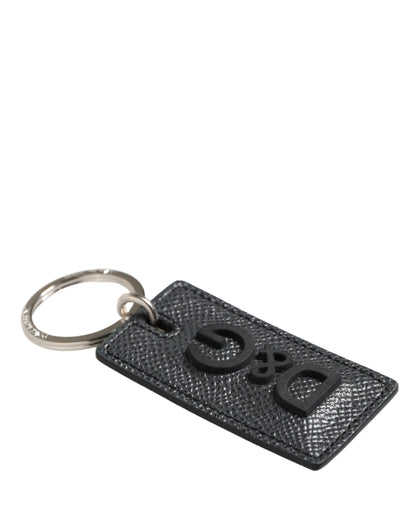 Portachiavi con anello in metallo con logo D&amp;G in pelle di vitello nera Dolce &amp; Gabbana