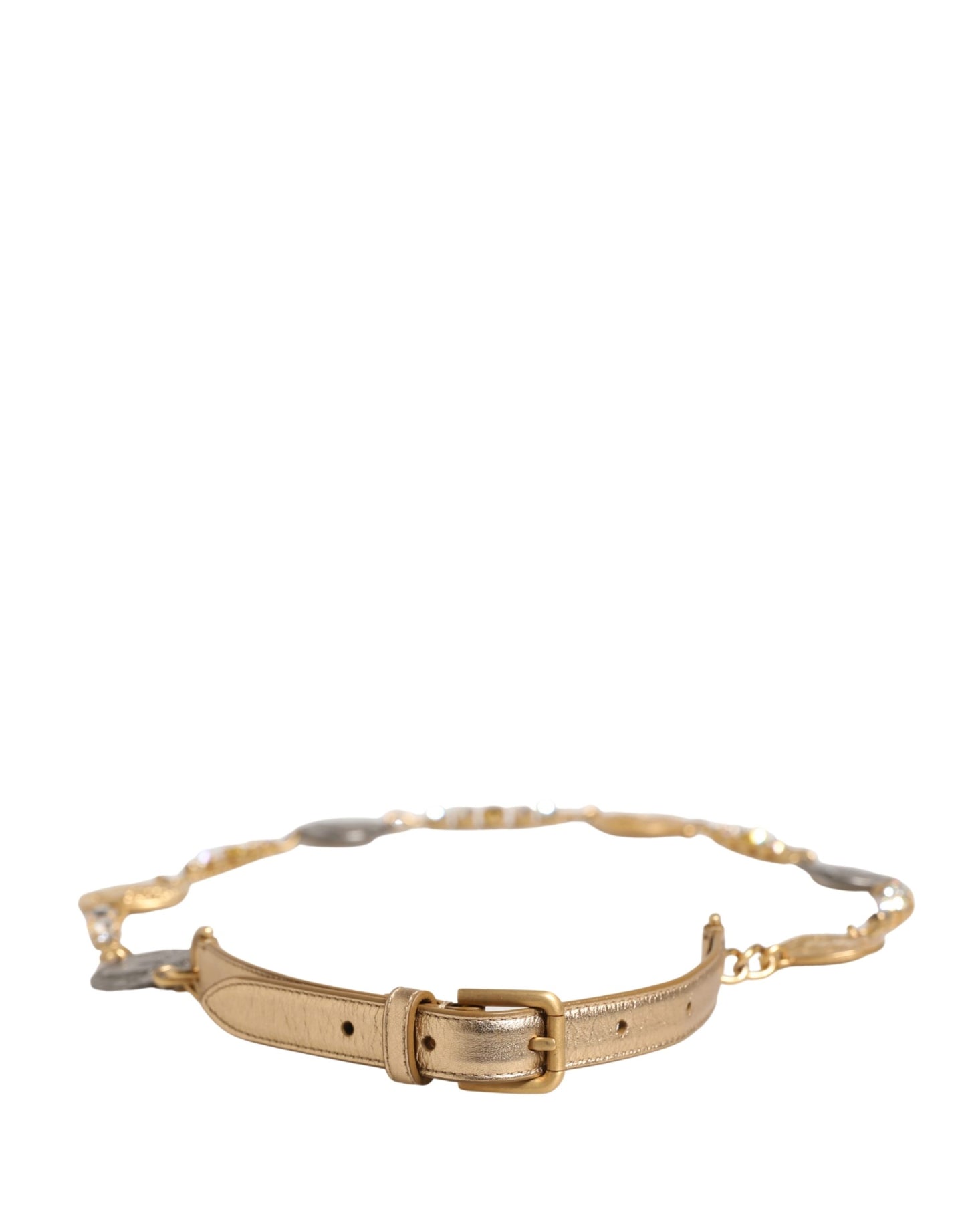 Cintura Dolce &amp; Gabbana con fibbia in metallo decorata con monete e catena in ottone dorato