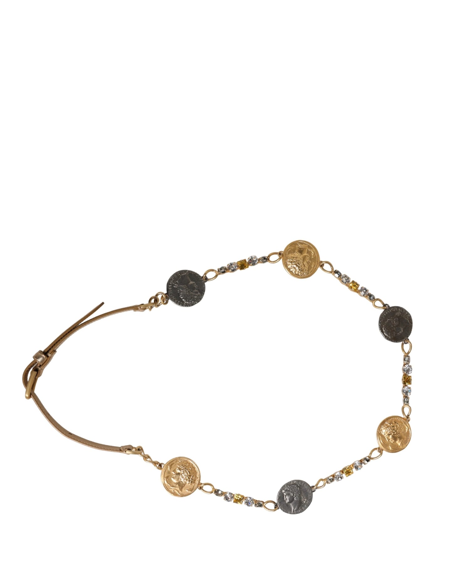 Cintura Dolce &amp; Gabbana con fibbia in metallo decorata con monete e catena in ottone dorato
