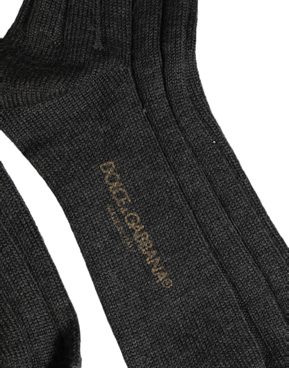 Dolce & Gabbana Dark Gray Wool Logo Calf Long Ribbed Accessory Socks