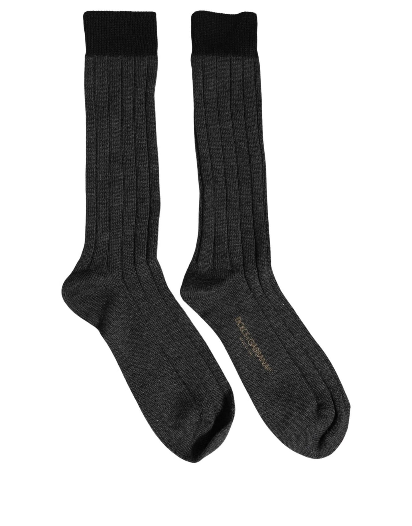 Dolce & Gabbana Dark Gray Wool Logo Calf Long Ribbed Accessory Socks