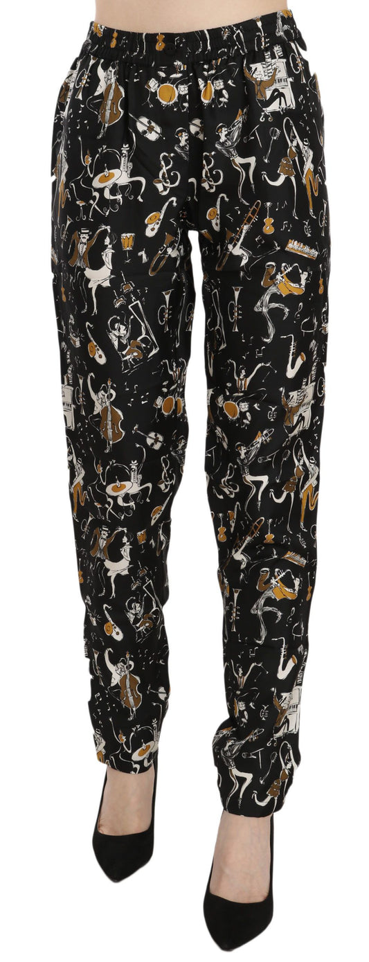 Pantaloni affusolati a vita alta con stampa Jazz Club nera Dolce &amp; Gabbana