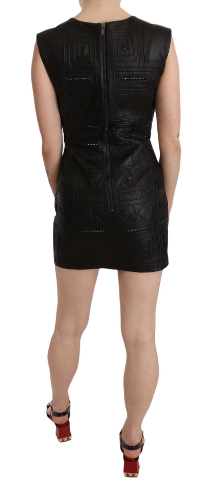 Mini abito a trapezio in pelle nera con borchie John Richmond